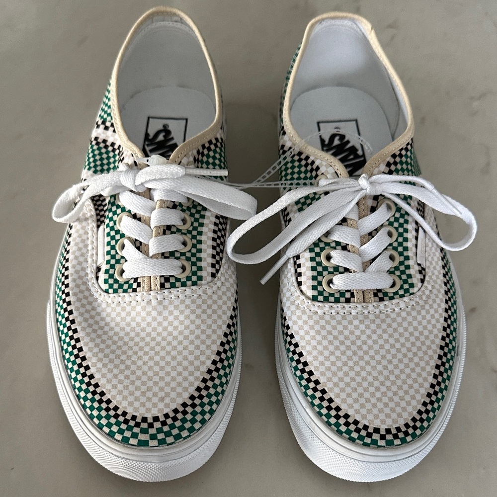 Vans White and Green Checkered Sneakers